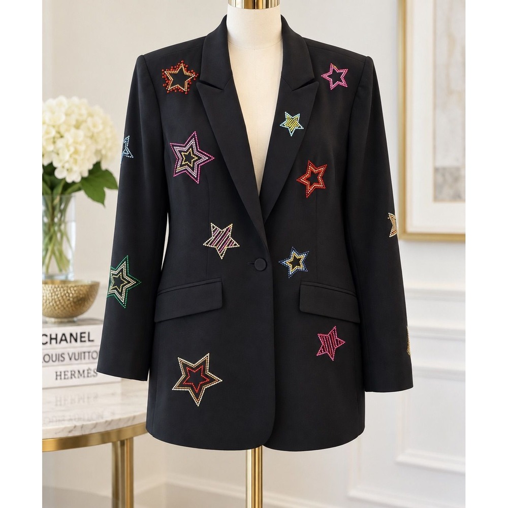 Cinq a Sept Cheyenne Blazer Womens 10 Black Excellent Rhinestone Star Crystal